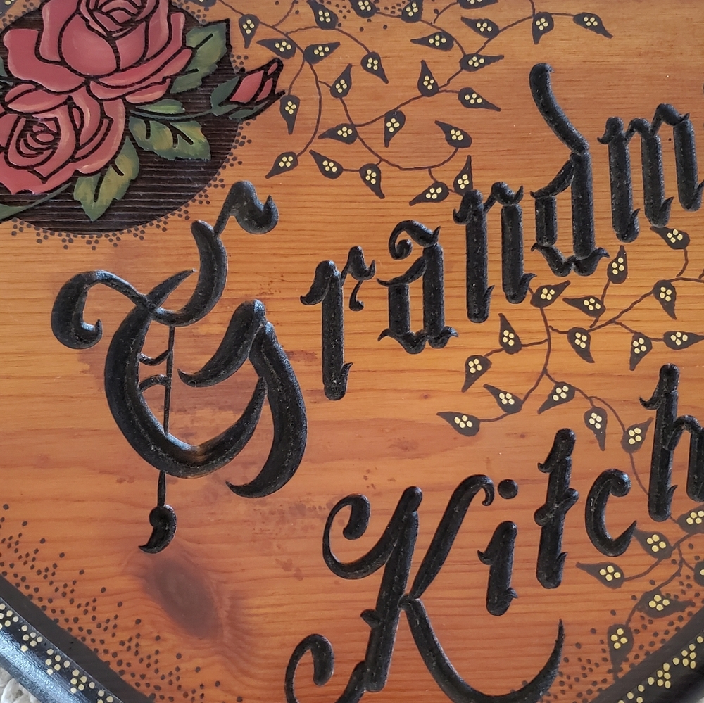 Handmade Heart Wood Wall Hanging "Grandma's Kitchen" Floral 12 x 10" Kitschy - Picture 12 of 13